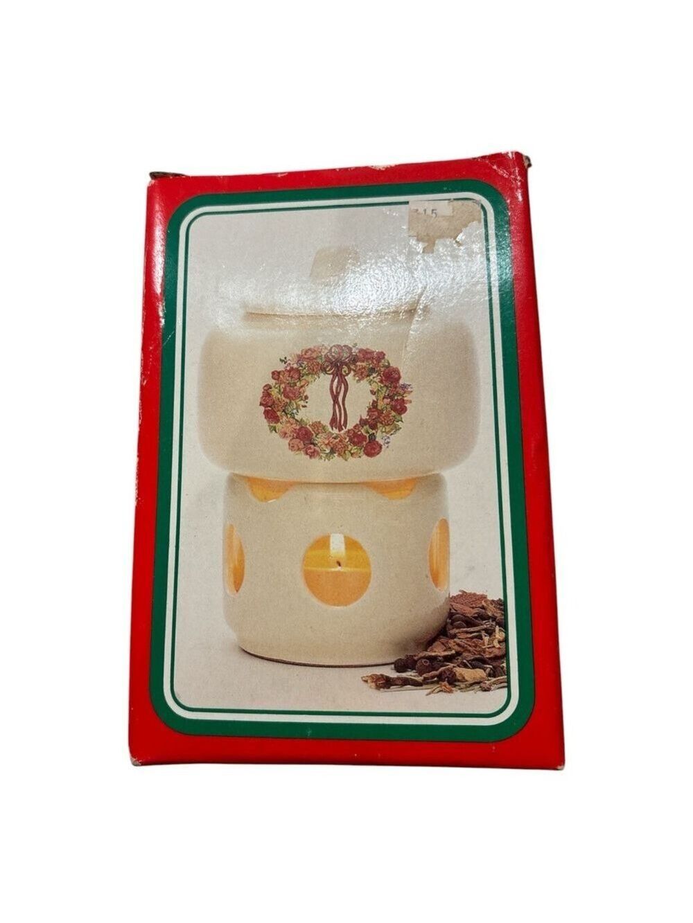 NIB VTG POTPOURRI PRESS CERAMIC HOLDER CREAM ROOM SCENTER W FLORAL WREATH DESIGN